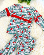 Santa Claus Print Red Ruffle Trim - Girls Pants Outfit - by Mini Mee - True to Size