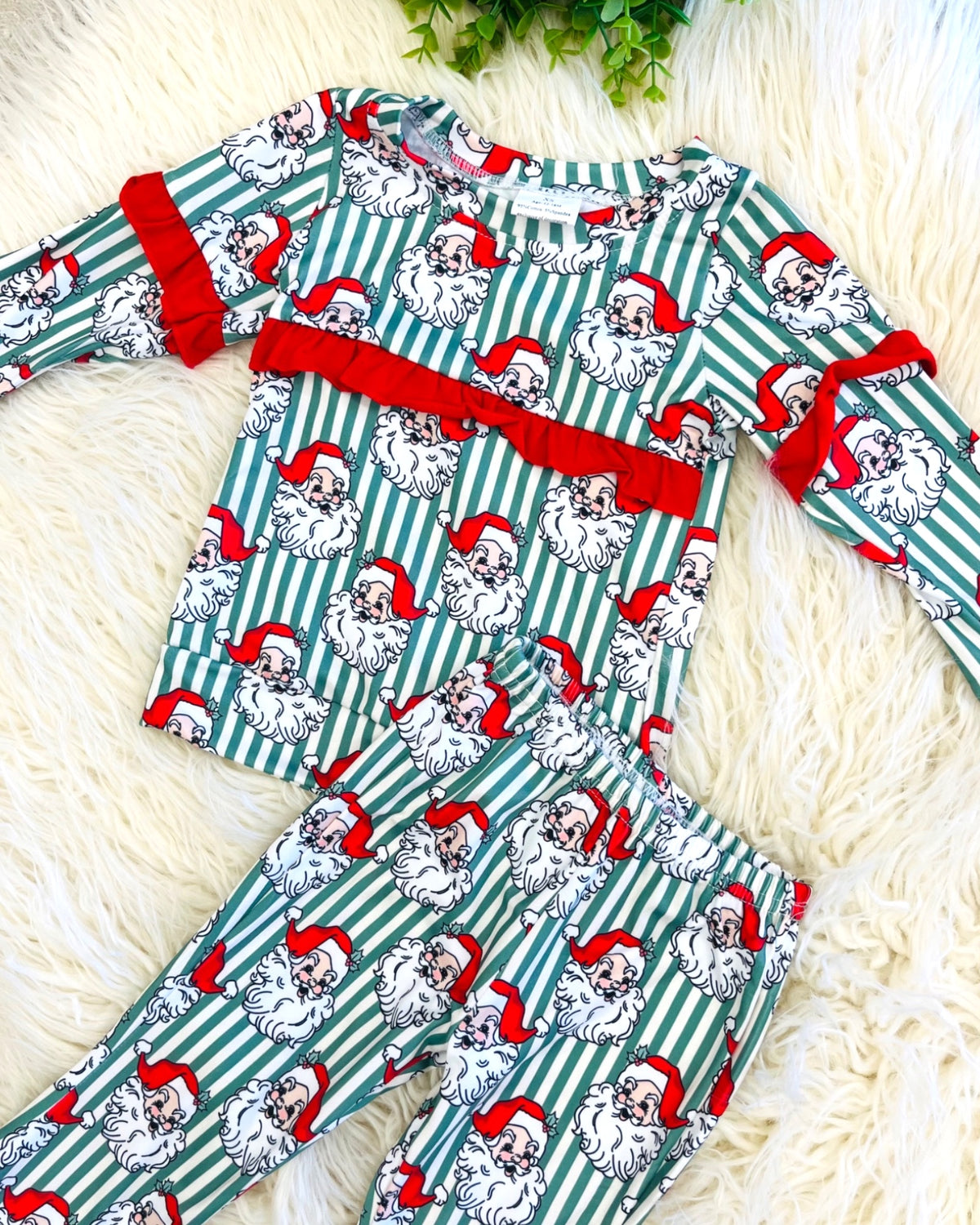Santa Claus Print Red Ruffle Trim - Girls Pants Outfit - by Mini Mee - True to Size