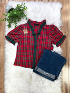 Red Plaid with Green Trim - Women’s Blouse Top - by Evermmee - True to Size