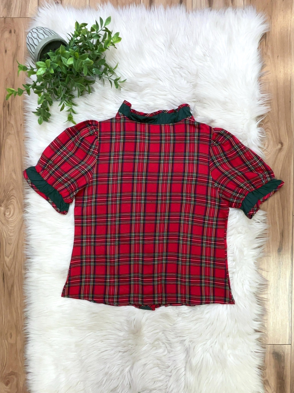 Red Plaid with Green Trim - Women’s Blouse Top - by Evermmee - True to Size
