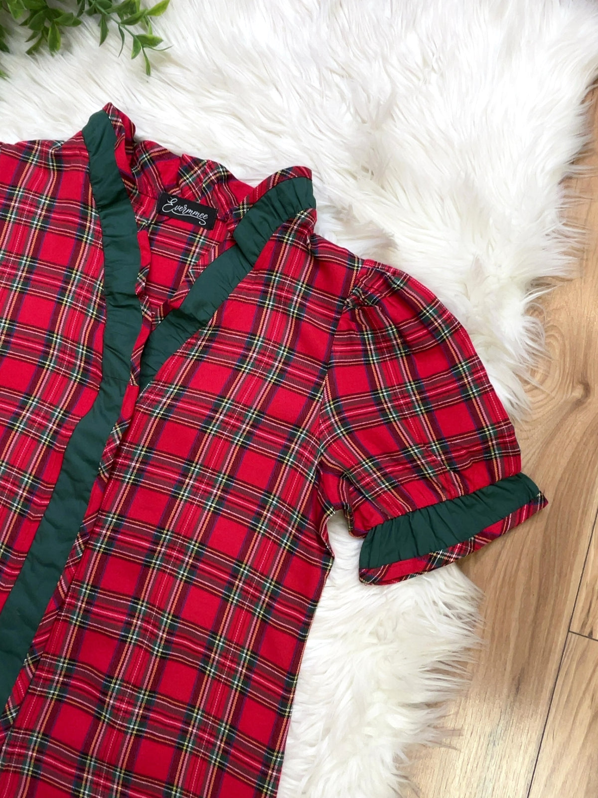 Red Plaid with Green Trim - Women’s Blouse Top - by Evermmee - True to Size