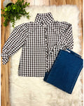 Dark Brown Button Down Plaid Top with Scalloped Detail - Women’s Blouse Top - by Evermmee - True to Size