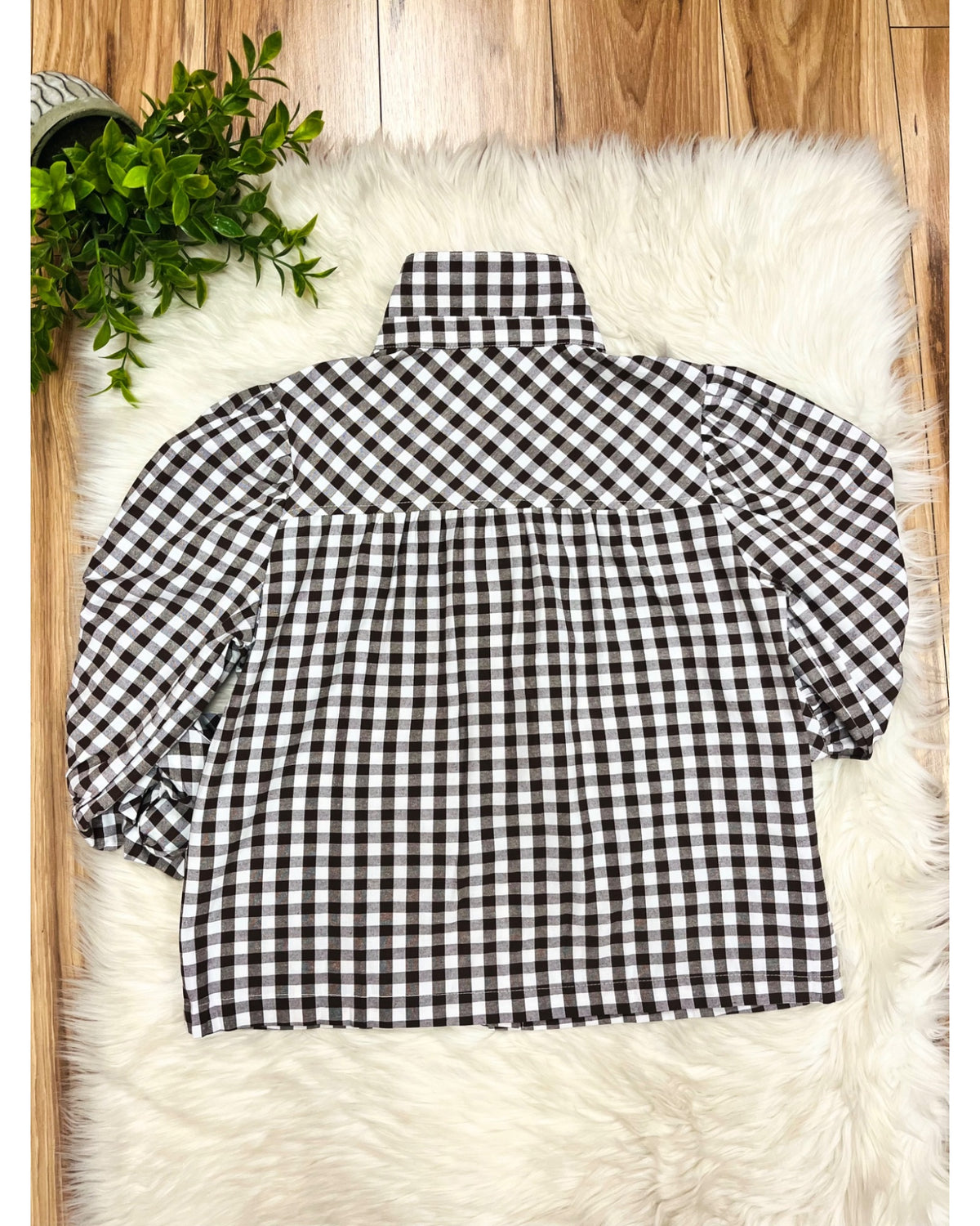Dark Brown Button Down Plaid Top with Scalloped Detail - Women’s Blouse Top - by Evermmee - True to Size