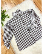 Dark Brown Button Down Plaid Top with Scalloped Detail - Women’s Blouse Top - by Evermmee - True to Size
