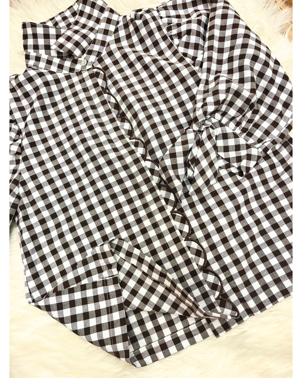 Dark Brown Button Down Plaid Top with Scalloped Detail - Women’s Blouse Top - by Evermmee - True to Size