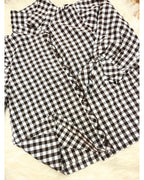Dark Brown Button Down Plaid Top with Scalloped Detail - Women’s Blouse Top - by Evermmee - True to Size