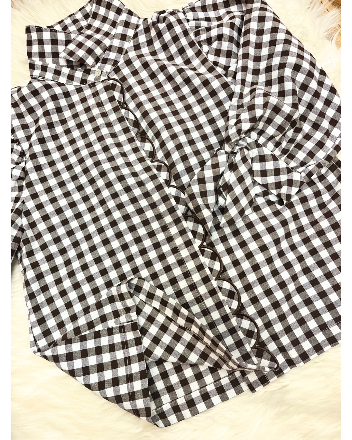 Dark Brown Button Down Plaid Top with Scalloped Detail - Women’s Blouse Top - by Evermmee - True to Size