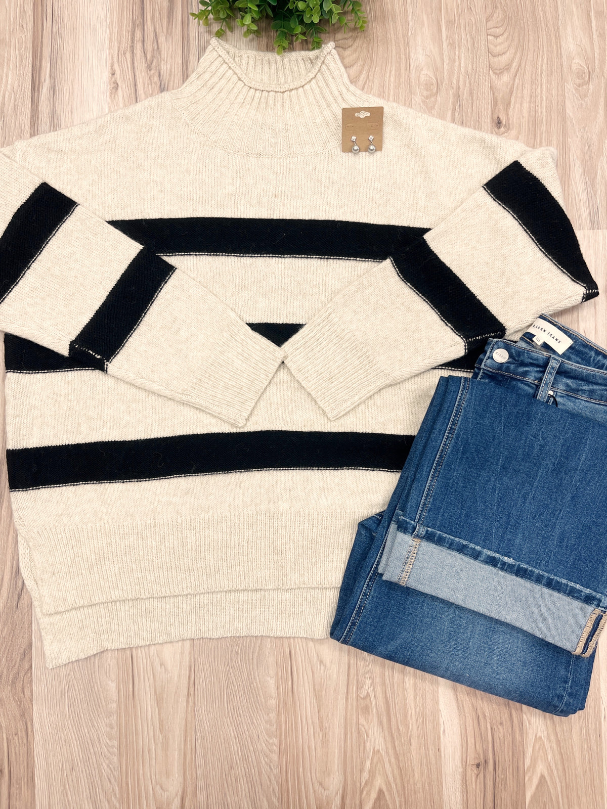 Cream & Black Striped - Women’s Sweater Top - by LUMIERE - Oversized