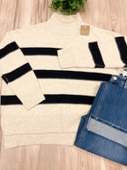 Cream & Black Striped - Women’s Sweater Top - by LUMIERE - Oversized