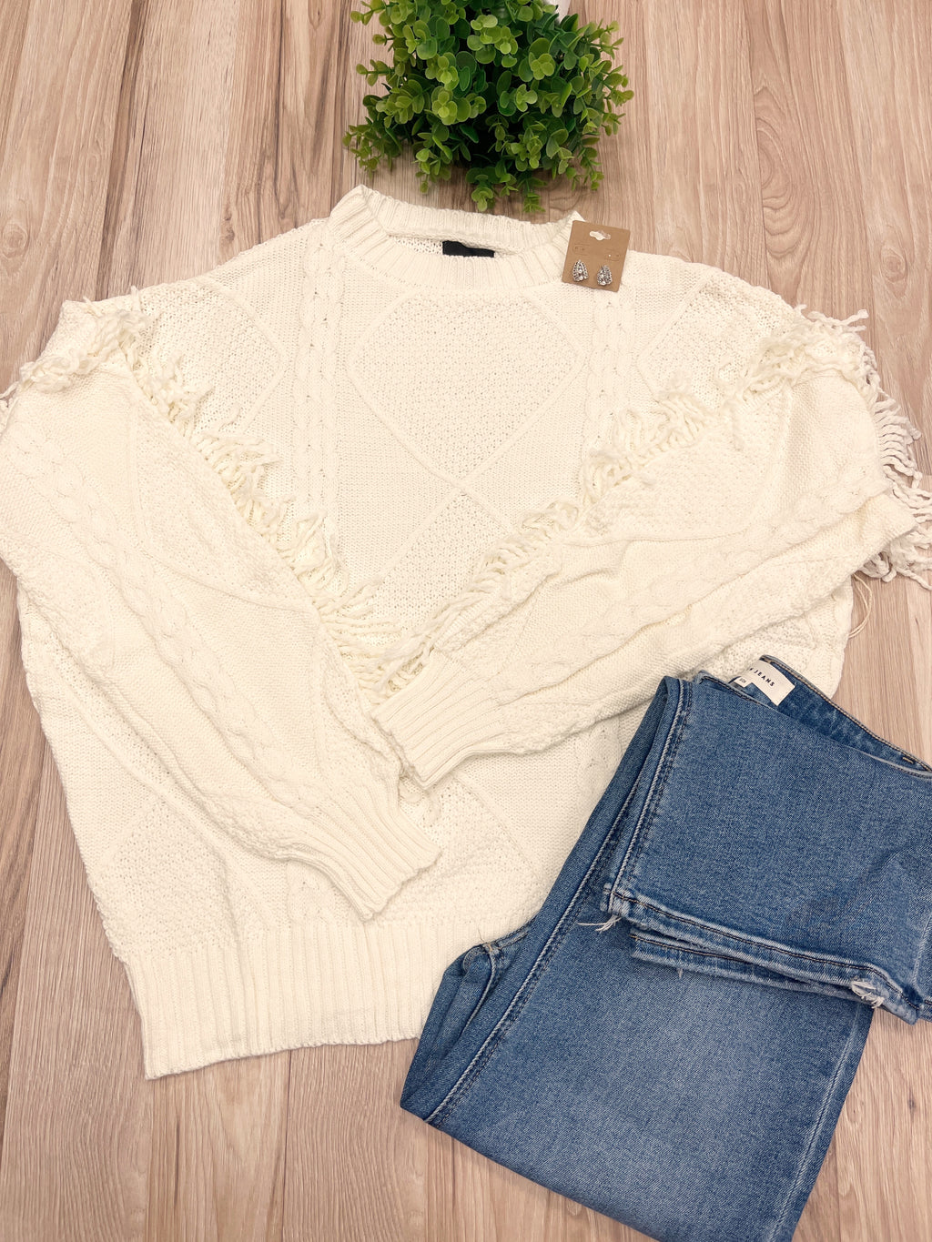 Cream Fringe Knit Sweater - Women’s Sweater Top - by LUMIERE - Oversized