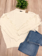 Cream Fringe Knit Sweater - Women’s Sweater Top - by LUMIERE - Oversized