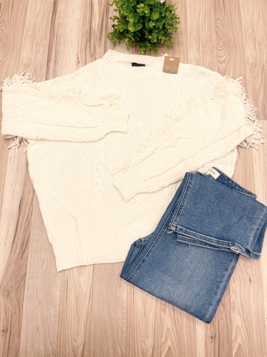 Cream Fringe Knit Sweater - Women’s Sweater Top - by LUMIERE - Oversized