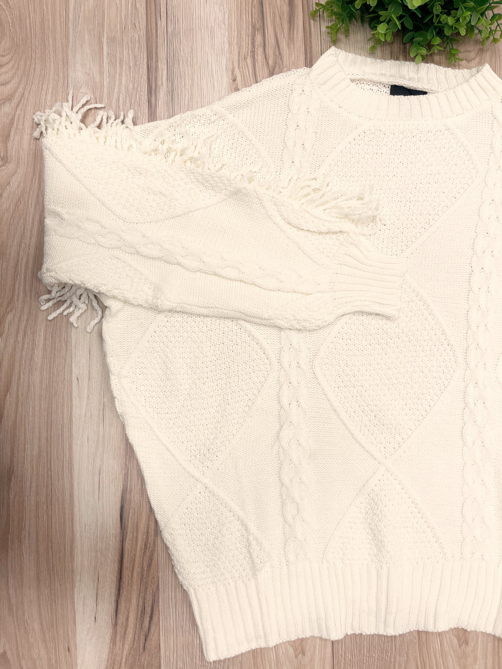 Cream Fringe Knit Sweater - Women’s Sweater Top - by LUMIERE - Oversized