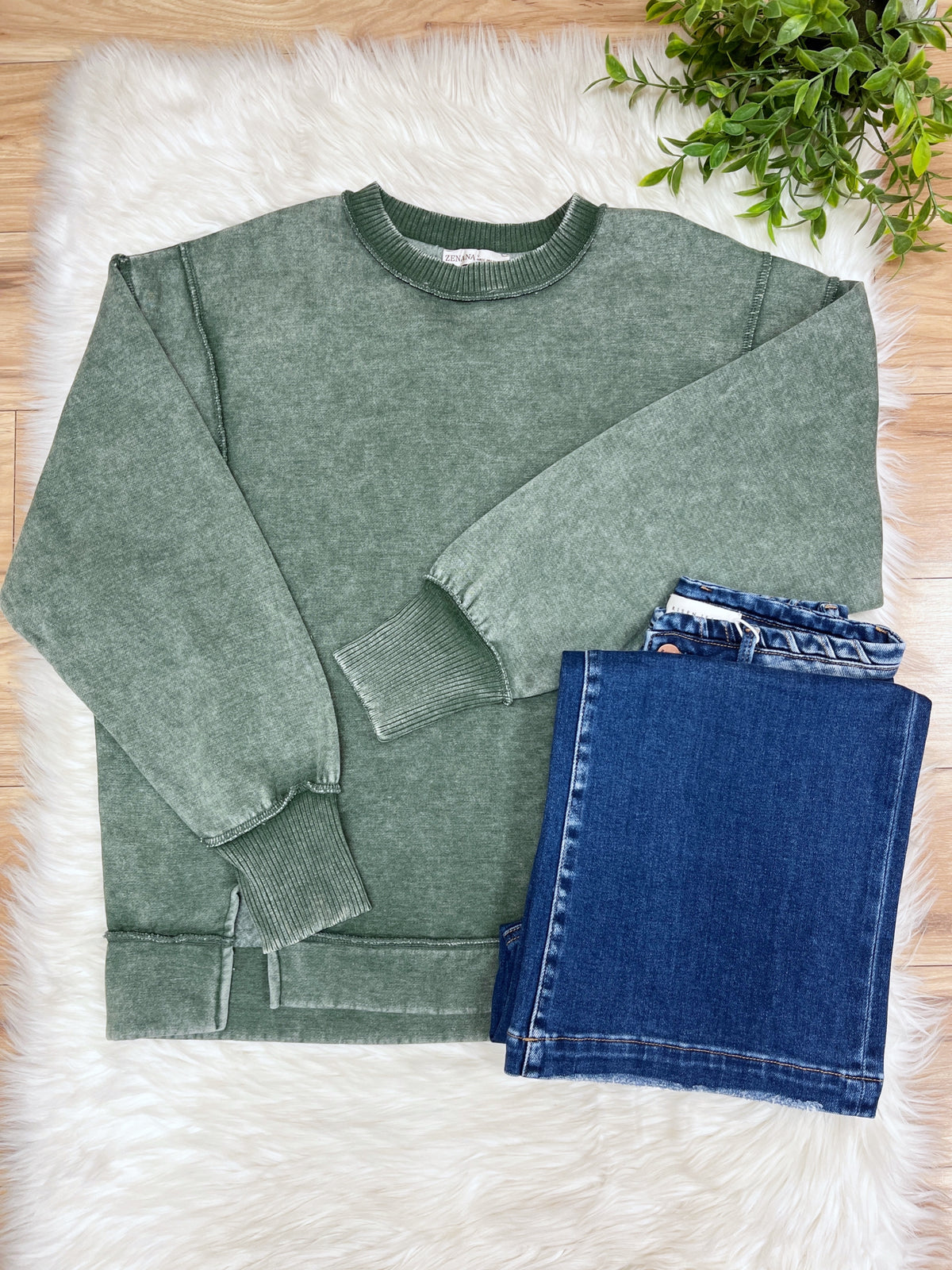 Army Green Exposed Seam Pullover with Slits - Women’s Sweatshirt Top - by Zenana - Loose Fit
