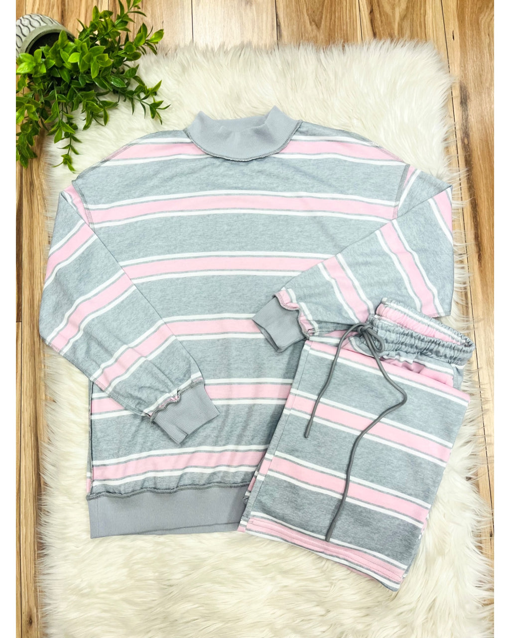 Pink & White Striped Grey Set - Women’s 2 Piece Pants Set - by Evermmee - True to Size