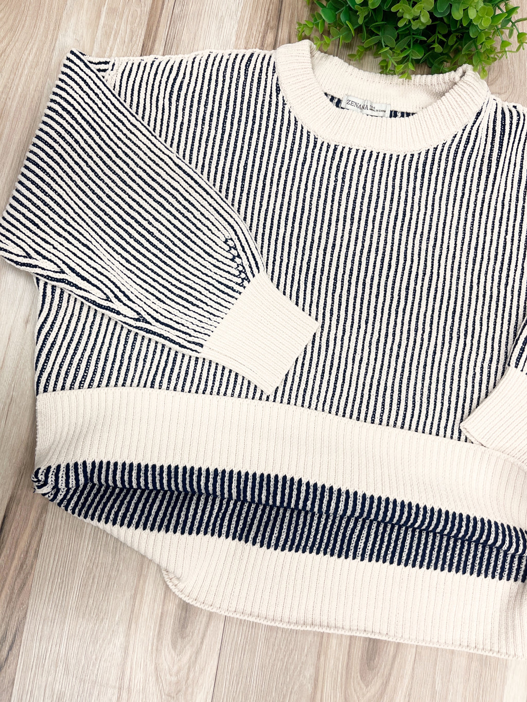 Navy Ribbed - Women’s Sweater Top - by Zenana - True to Size
