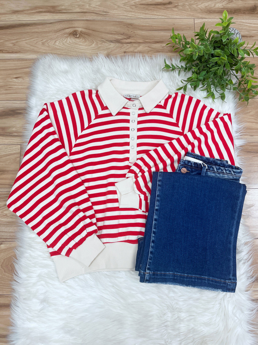 Red Striped Collared Button Down Pullover - Women’s Sweatshirt Top - by Zenana - Loose Fit