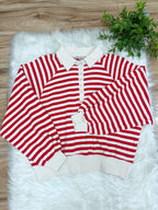 Red Striped Collared Button Down Pullover - Women’s Sweatshirt Top - by Zenana - Loose Fit
