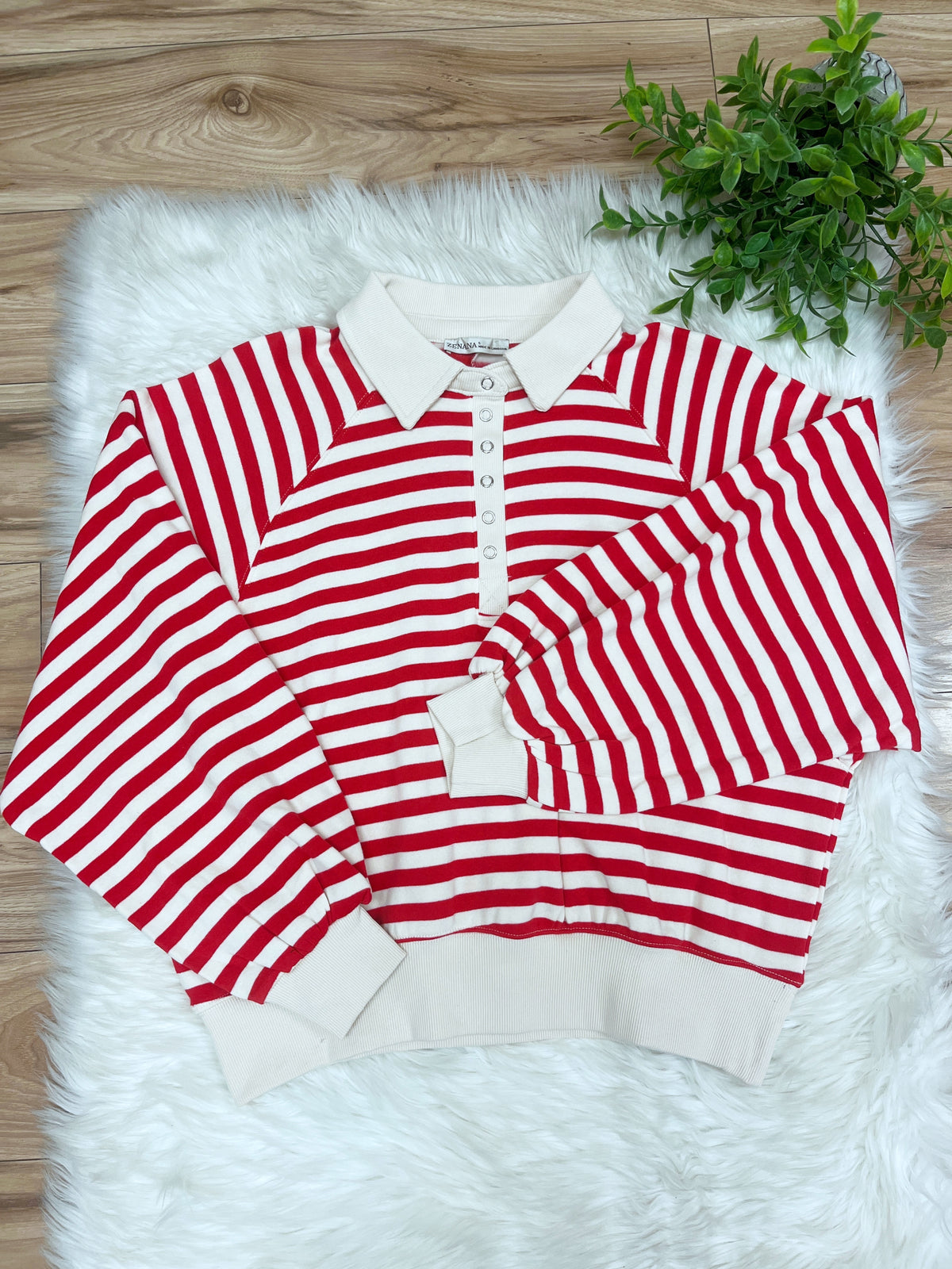 Red Striped Collared Button Down Pullover - Women’s Sweatshirt Top - by Zenana - Loose Fit