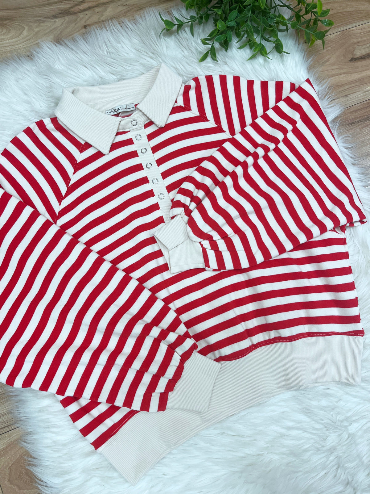 Red Striped Collared Button Down Pullover - Women’s Sweatshirt Top - by Zenana - Loose Fit