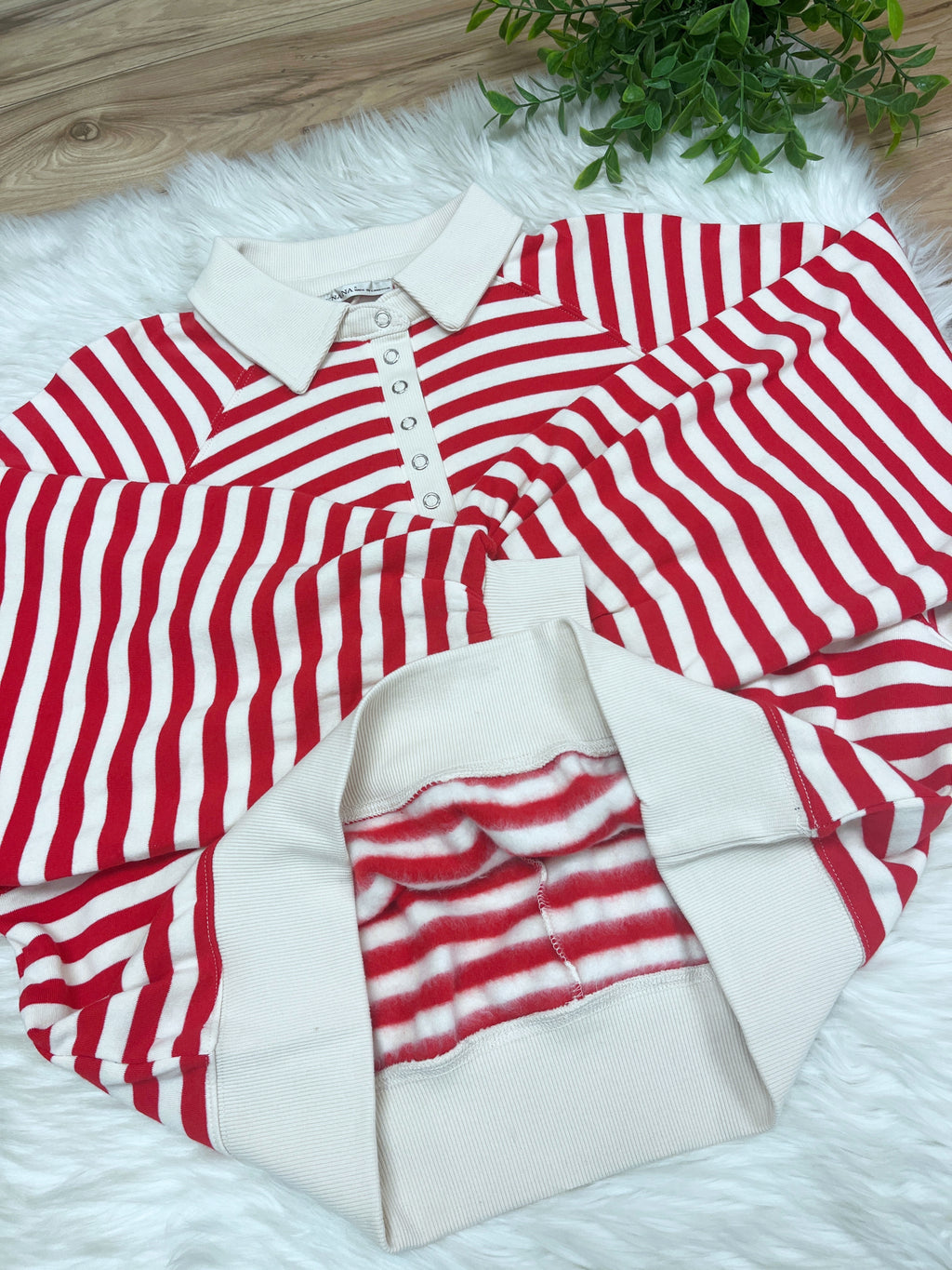 Red Striped Collared Button Down Pullover - Women’s Sweatshirt Top - by Zenana - Loose Fit