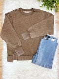 Mocha Exposed Seam Pullover with Slits - Women’s Sweatshirt Top - by Zenana - Loose Fit