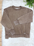 Mocha Exposed Seam Pullover with Slits - Women’s Sweatshirt Top - by Zenana - Loose Fit