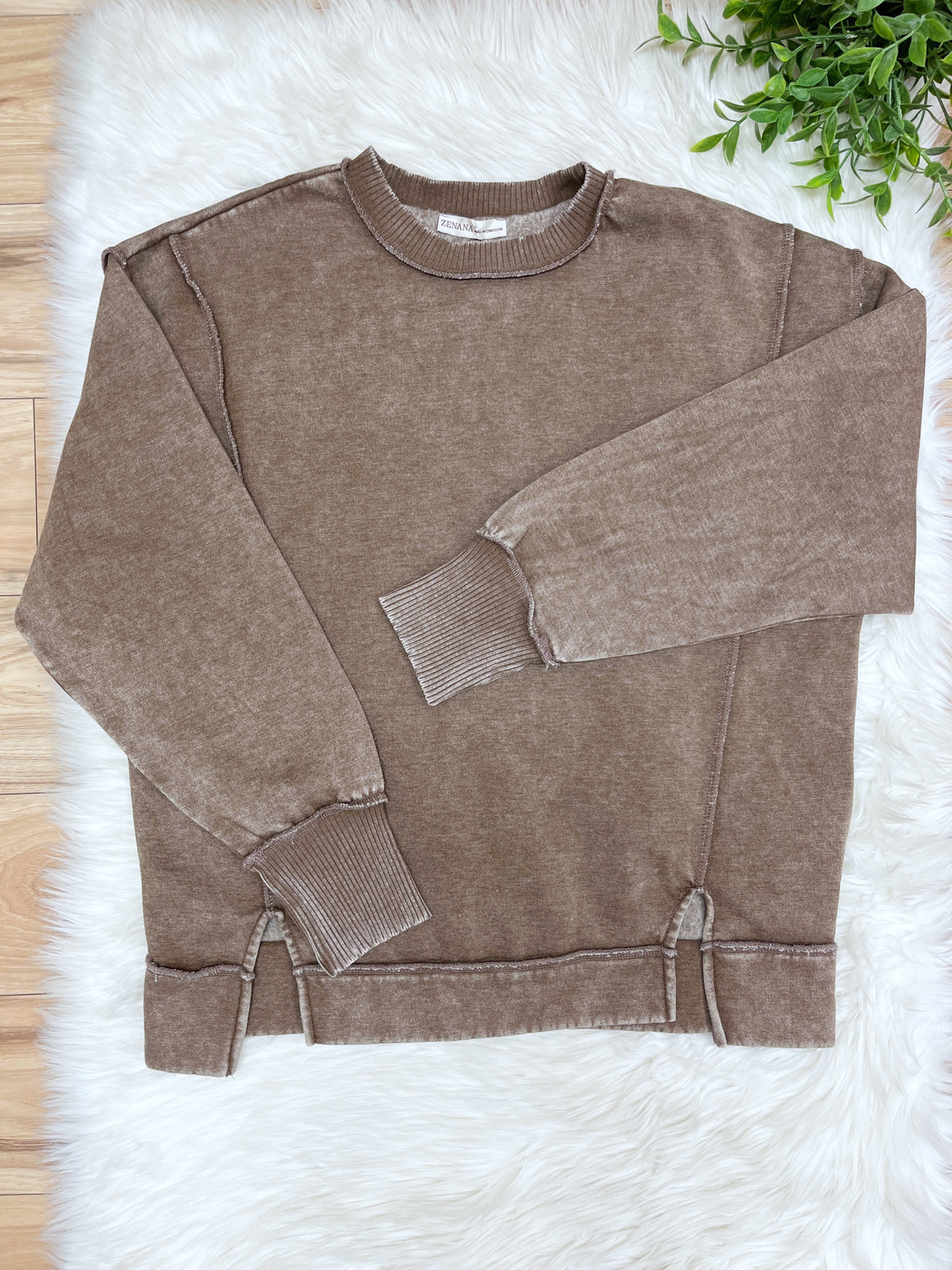 Mocha Exposed Seam Pullover with Slits - Women’s Sweatshirt Top - by Zenana - Loose Fit