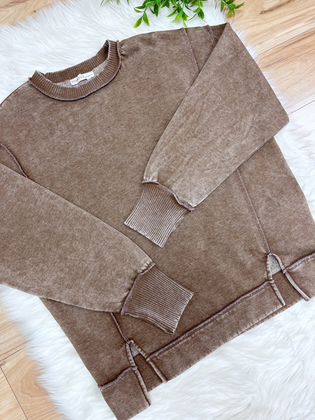 Mocha Exposed Seam Pullover with Slits - Women’s Sweatshirt Top - by Zenana - Loose Fit