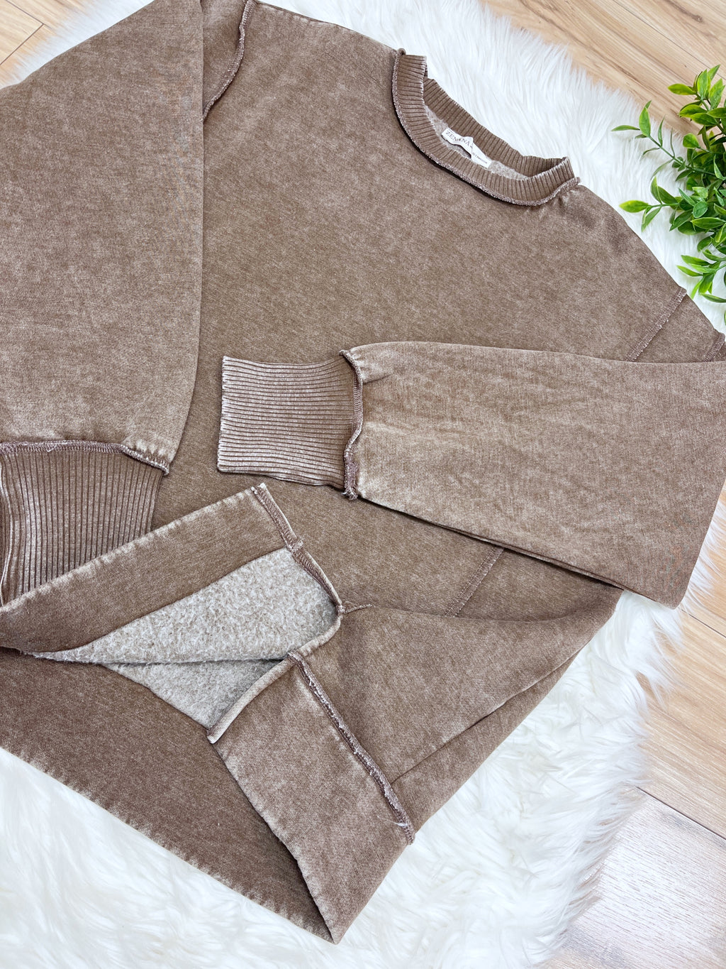 Mocha Exposed Seam Pullover with Slits - Women’s Sweatshirt Top - by Zenana - Loose Fit