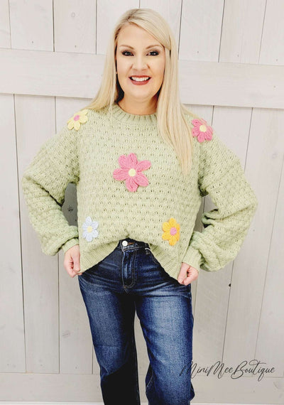 Pale Green Knit Sweater with Flowers - Mini Mee Boutique