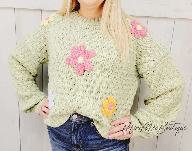 Pale Green Knit Sweater with Flowers - Mini Mee Boutique