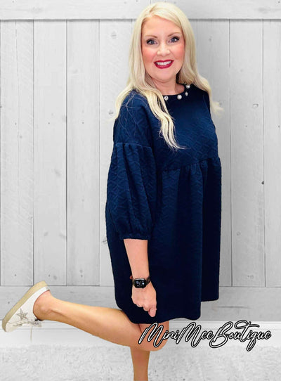 Navy Pearl/Jewel Neck Dress - Mini Mee Boutique