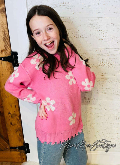 Girl's Flower Pink Sweater - Mini Mee Boutique