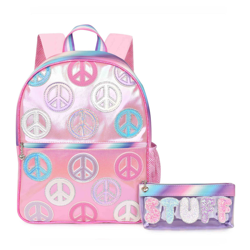 Metallic Peace Sign-Patched Large Backpack with Pencil Pouch - Mini Mee Boutique