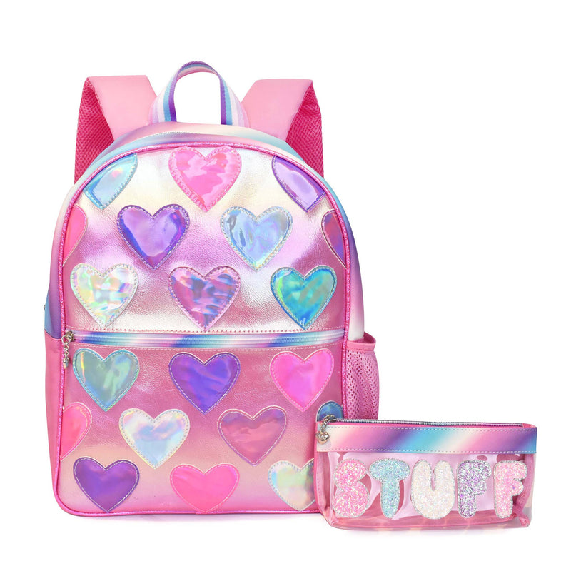 Metallic Heart-Patched Large Backpack with Pencil Pouch - Mini Mee Boutique