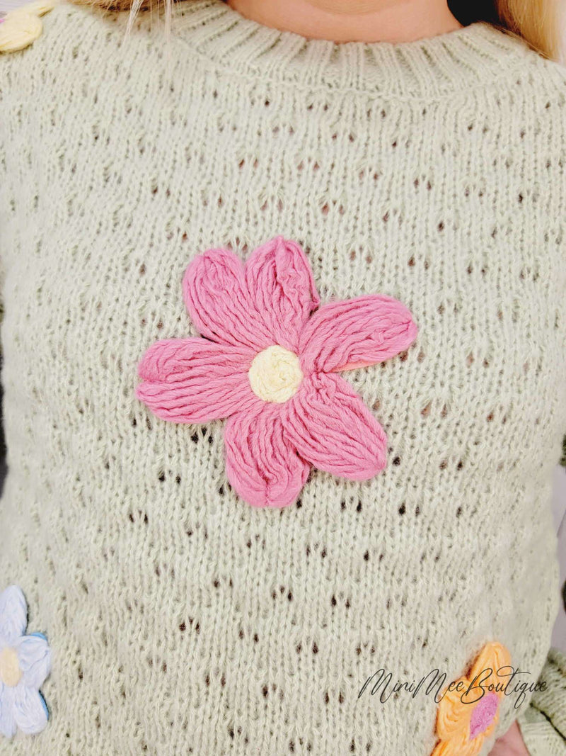 Pale Green Knit Sweater with Flowers - Mini Mee Boutique