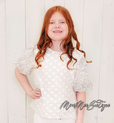 Girls Silver Sequin Sleeved Top - Mini Mee Boutique