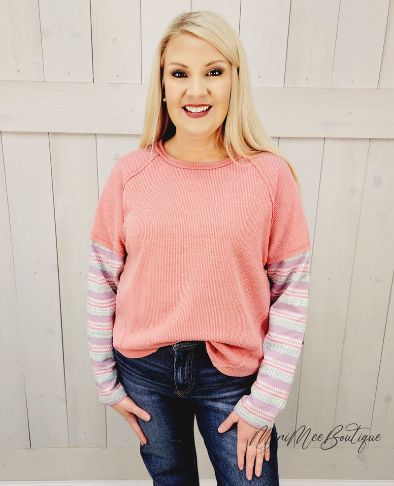 Pink Top with Patterned Sleeves - Mini Mee Boutique