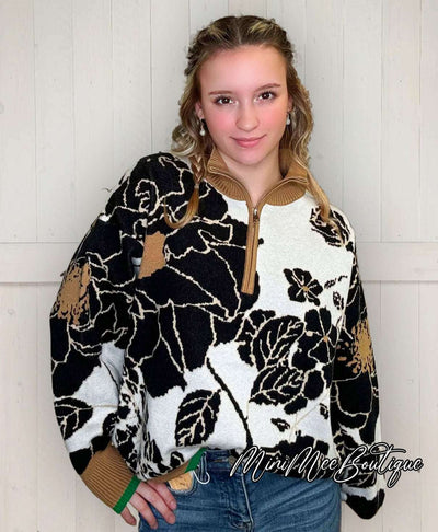 Flower Pattern Half Zip Sweater