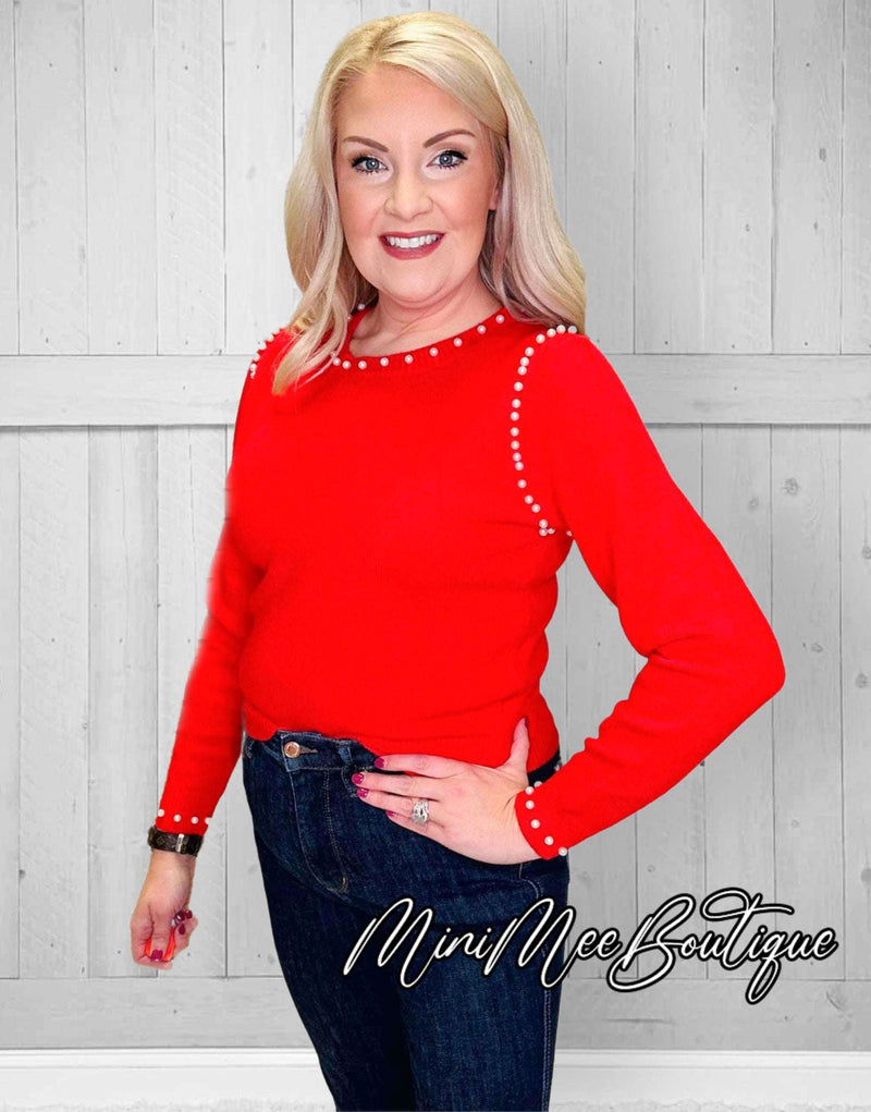 Red Sweater with Pearl Accents