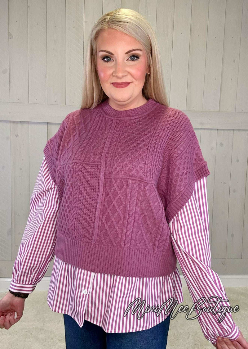 Purple Sweater with Striped Sleeves