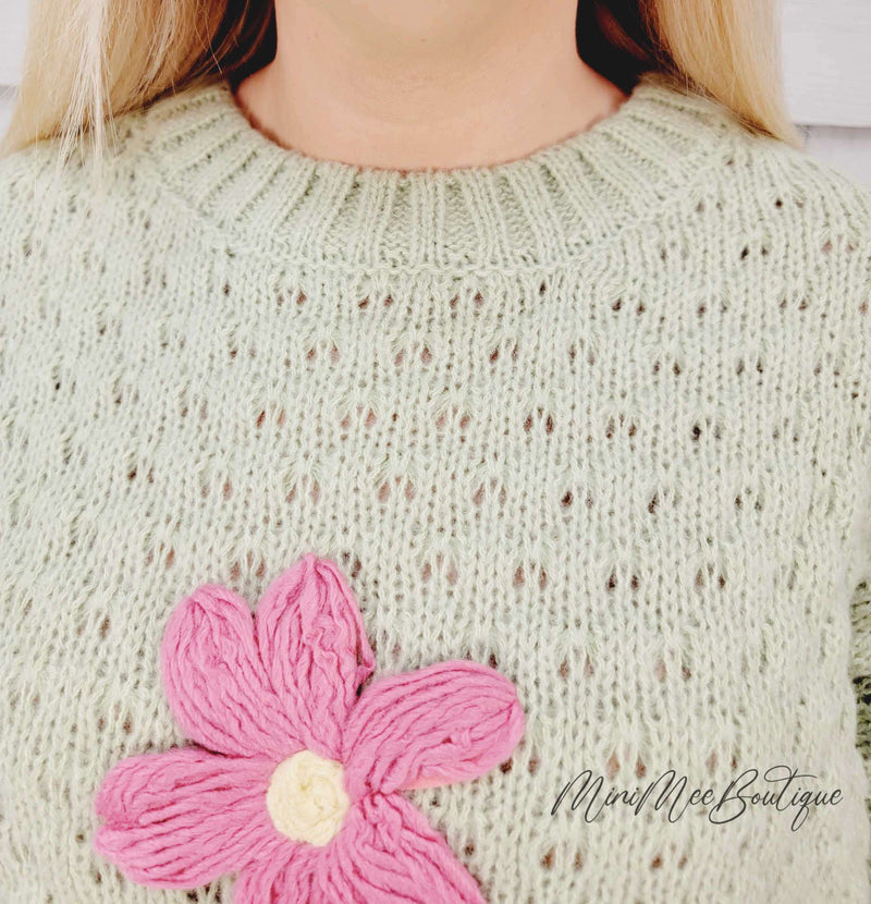 Pale Green Knit Sweater with Flowers - Mini Mee Boutique