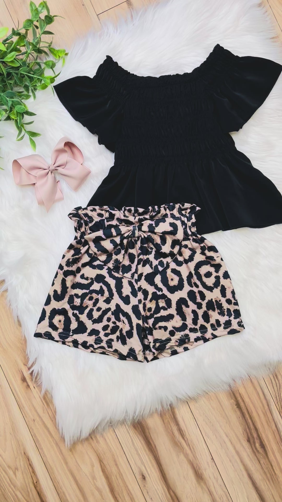 Girls Black and Cheetah Short Set with Bow Detail