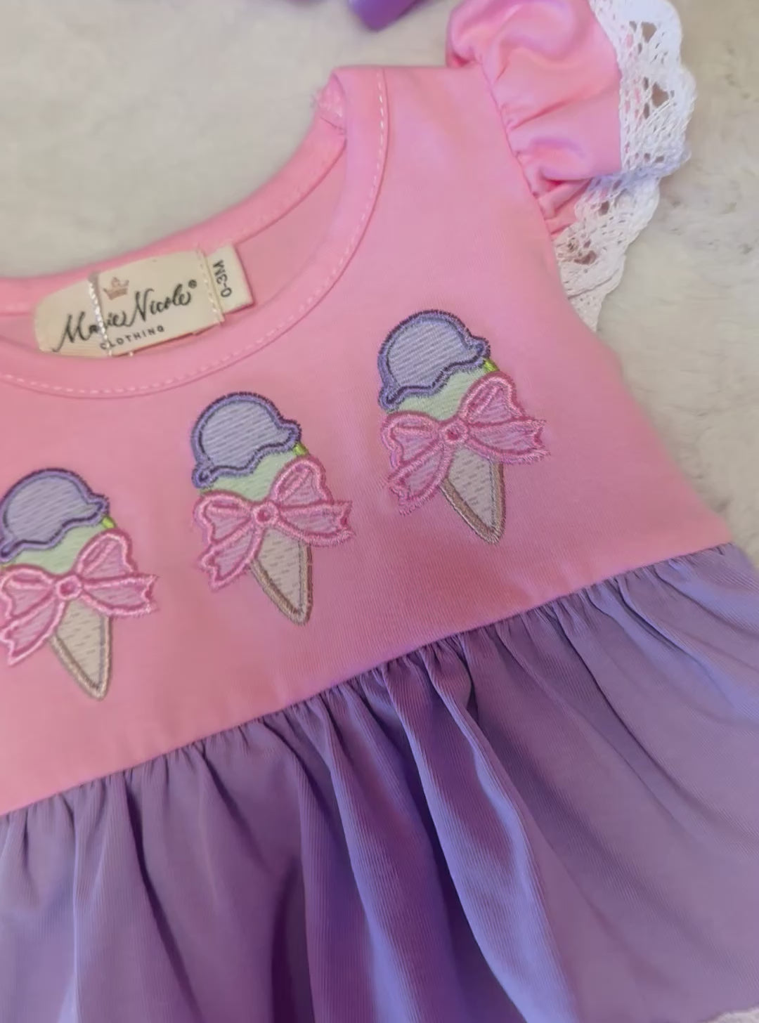 Girls Sweet Scoops Embroidered cotton ruffle bubble romper