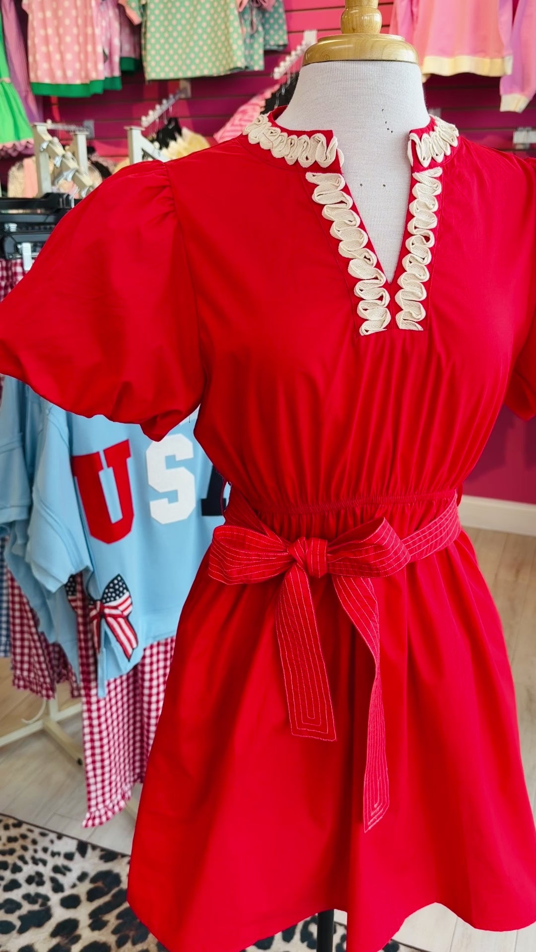 Women’s Jodifl Red Puff Sleeve Waist Tie Dress