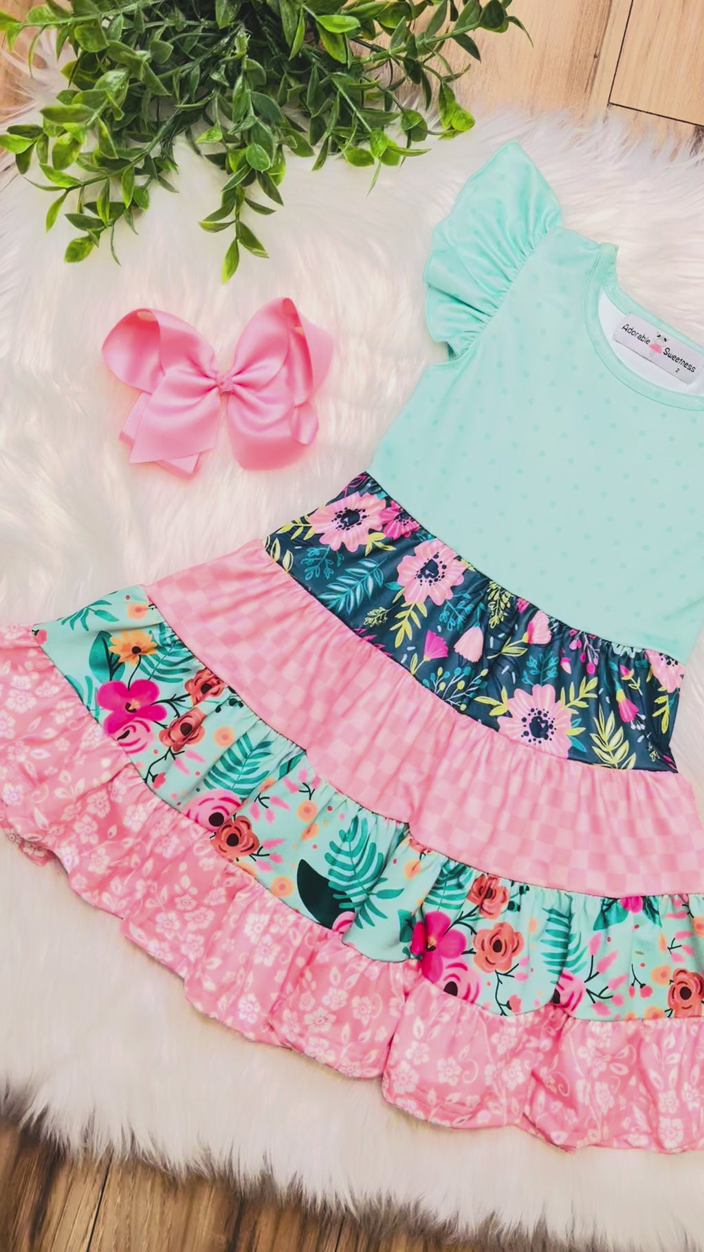 Girls Green Mixed Pattern Ruffle Dress