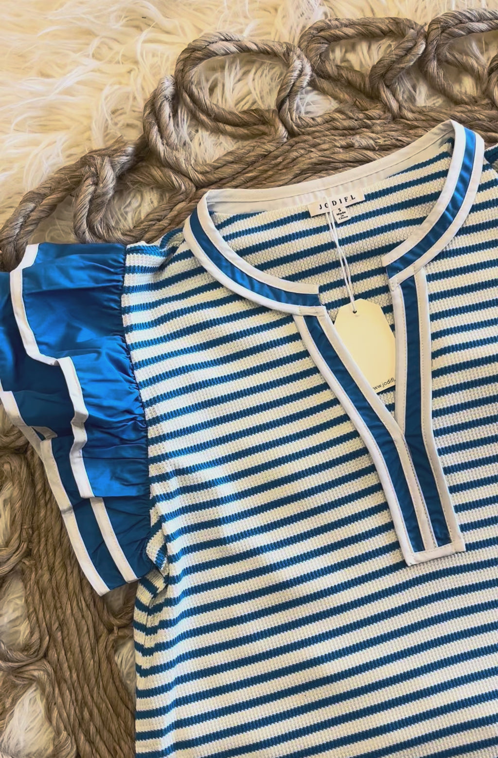 Women’s Blue Stripe Split Neck Ruffle Sleeve Top