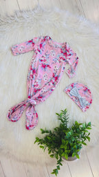 Girl’s Pretty in Pink Floral Knotted Gown and Hat Set