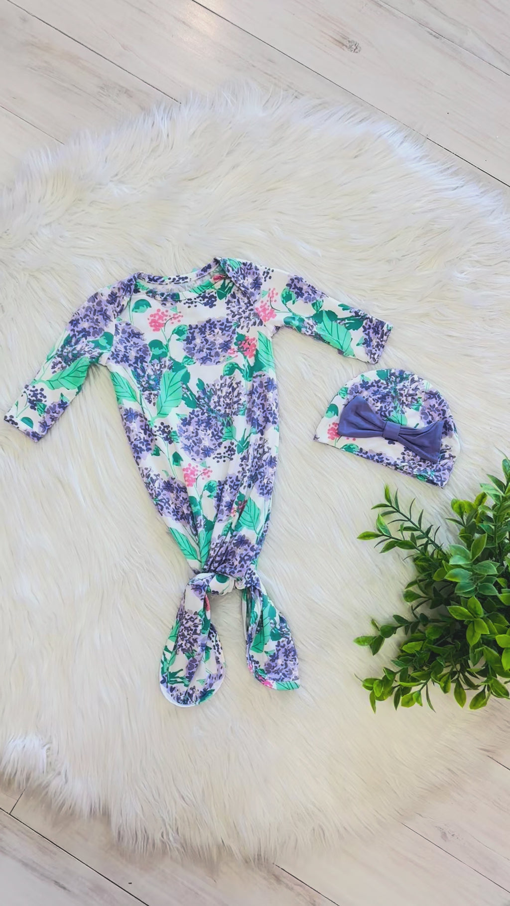 Girl’s Purple Hydrangea Garden Knotted Gown and Hat Set